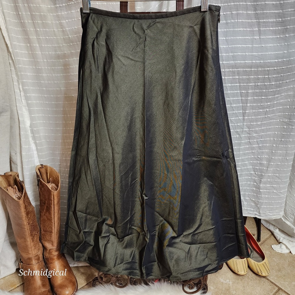 Ann Taylor LOFT 100% Silk Iridescent Maxi Skirt Olive Green Size 6 Lining A-Line